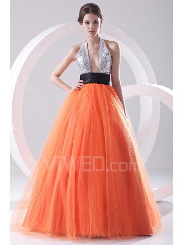 Net and Satin Halter A-line Floor Length Sash Prom Dress