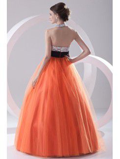Net and Satin Halter A-line Floor Length Sash Prom Dress