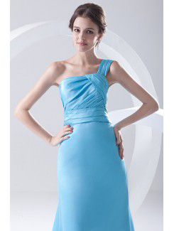 Satin One-Shoulder A-line Floor Length Crisscross Ruched Prom Dress
