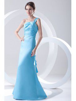 Satin One-Shoulder A-line Floor Length Crisscross Ruched Prom Dress