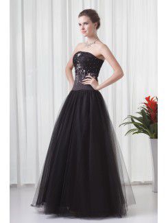 Net and Satin Strapless A-line Floor-Length Embroidered Prom Dress