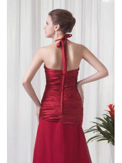 Satin and Chiffon Halter A-line Sweep train Directionally Ruched Prom Dress