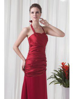 Satin and Chiffon Halter A-line Sweep train Directionally Ruched Prom Dress