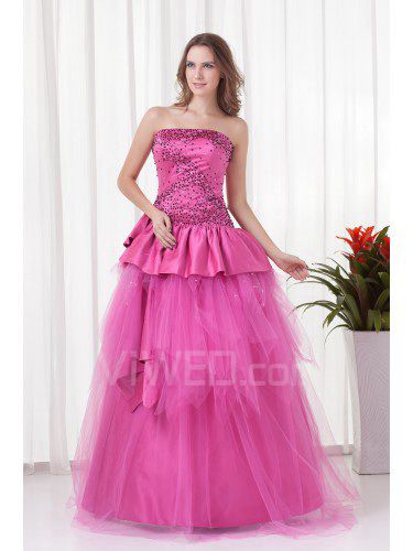 Satin Strapless A-line Floor-Length Sequins Prom Dress
