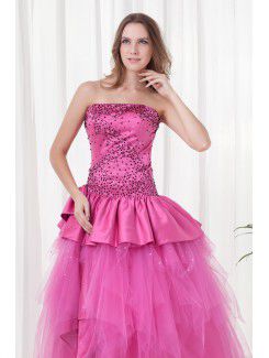 Satin Strapless A-line Floor-Length Sequins Prom Dress
