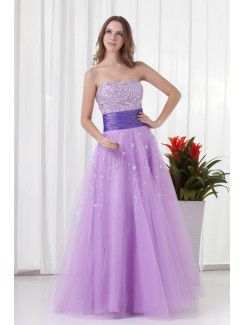 Net and Satin Strapless A-line Floor-Length Embroidered Prom Dress