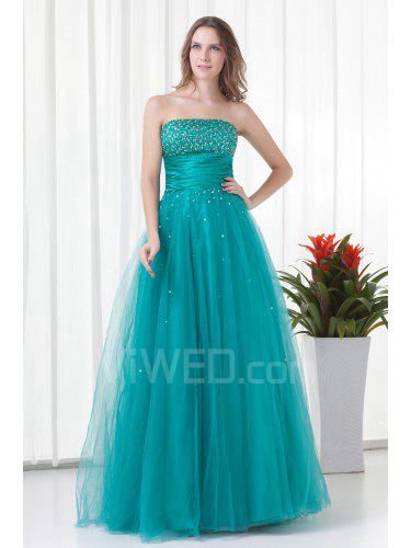 Satin and Net Strapless A-line Floor Length Embroidered Prom Dress