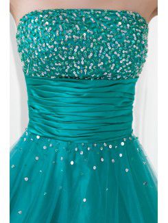 Satin and Net Strapless A-line Floor Length Embroidered Prom Dress