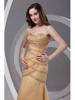 Satin and Net Strapless Sheath Floor Length Embroidered Prom Dress