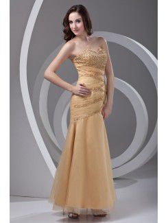 Satin and Net Strapless Sheath Floor Length Embroidered Prom Dress