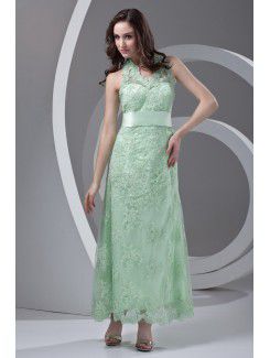 Lace Halter Column Ankle-Length Sash Prom Dress