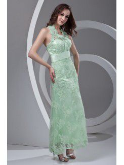 Lace Halter Column Ankle-Length Sash Prom Dress