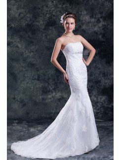 Satin and Net Strapless Sweep Train Sheath Embroidered Wedding Dress