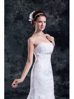 Satin and Net Strapless Sweep Train Sheath Embroidered Wedding Dress