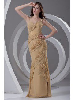Chiffon Spaghetti Column Floor Length Gathered Ruched Prom Dress