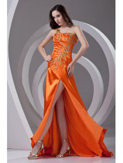 Satin Strapless A-line Sweep Train Embroidered Prom Dress