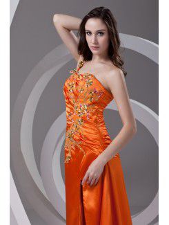 Satin Strapless A-line Sweep Train Embroidered Prom Dress