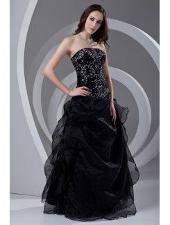 Organza Strapless A-line Floor Length Embroidered Prom Dress
