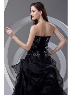 Organza Strapless A-line Floor Length Embroidered Prom Dress