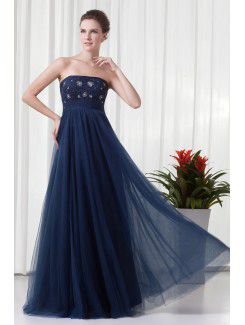 Chiffon and Net Strapless A-line Floor Length Embroidered Prom Dress