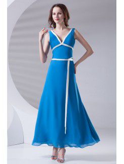 Satin V-Neckline A-line Ankle-Length Sash Prom Dress