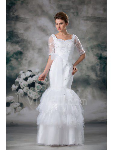 Чистая и кружева квадратных длина пола русалка полувтулок свадебное платье