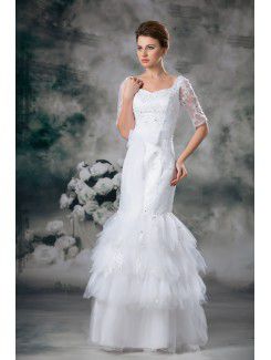 Net and Lace Square Floor Length Mermaid Half-Sleeves Wedding Dress