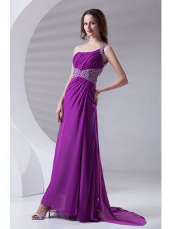 Chiffon One-Shoulder A-line Sweep Train Sequins Prom Dress