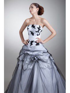 Satin and Net Strapless Floor Length Ball Gown Embroidered Prom Dress