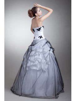 Satin and Net Strapless Floor Length Ball Gown Embroidered Prom Dress