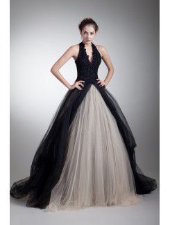 Satin and Net Halter Sweep Train Ball Gown Embroidered Prom Dress