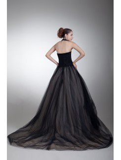 Satin and Net Halter Sweep Train Ball Gown Embroidered Prom Dress