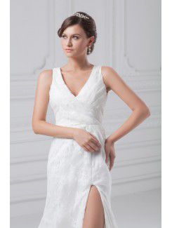 Lace V-Neck Floor Length Column Wedding Dress