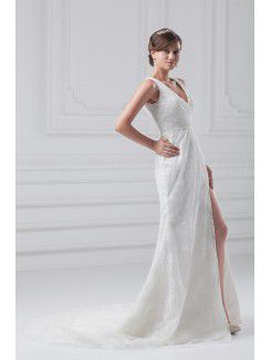 Lace V-Neck Floor Length Column Wedding Dress