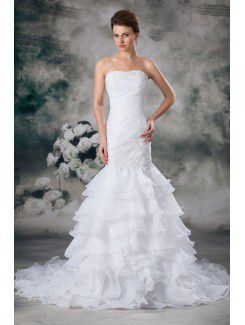 Organza Strapless Sweep Train Mermaid Embroidered Wedding Dress