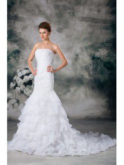 Organza Strapless Sweep Train Mermaid Embroidered Wedding Dress