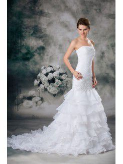 Organza Strapless Sweep Train Mermaid Embroidered Wedding Dress