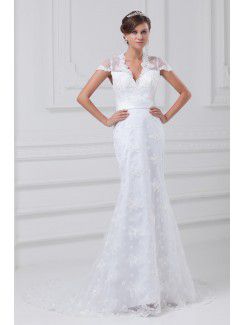 Pizzo scollo a v piano lunghezza guaina cappuccio maniche abito da sposa