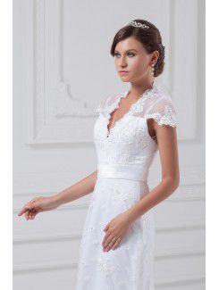 Lace V-Neck Floor Length Sheath Cap Sleeves Wedding Dress