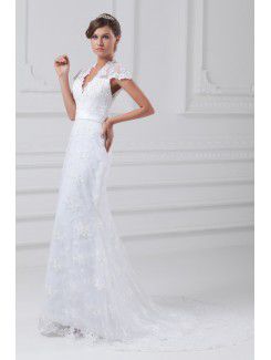 Lace V-Neck Floor Length Sheath Cap Sleeves Wedding Dress