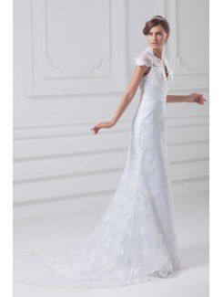 Lace V-Neck Floor Length Sheath Cap Sleeves Wedding Dress