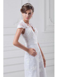 Lace V-Neck Floor Length Sheath Cap Sleeves Wedding Dress