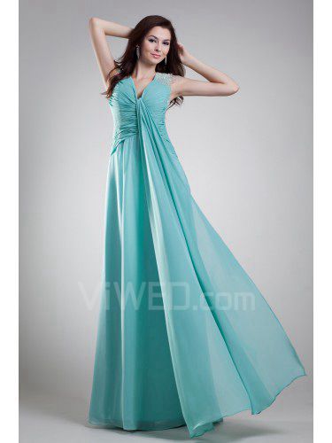 Chiffon V-Neck Floor Length Column Embroidered Prom Dress