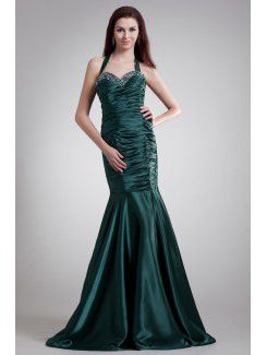 Satin Halter Sweep Train Sheath Embroidered Prom Dress