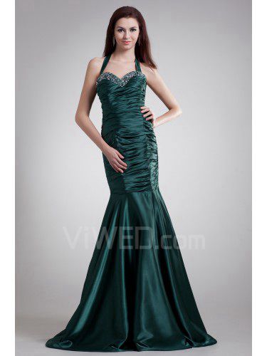 Satin Halter Sweep Train Sheath Embroidered Prom Dress