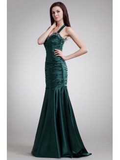 Satin Halter Sweep Train Sheath Embroidered Prom Dress