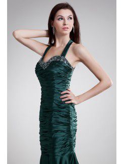 Satin Halter Sweep Train Sheath Embroidered Prom Dress