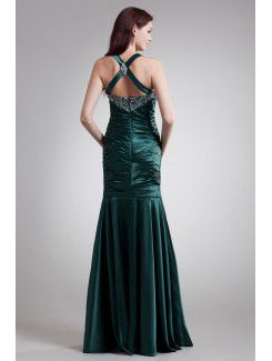 Satin Halter Sweep Train Sheath Embroidered Prom Dress