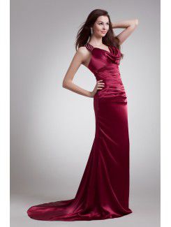 Satin Straps Sweep Train Column Embroidered Prom Dress