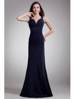 Chiffon Straps Floor Length Sheath Embroidered Prom Dress